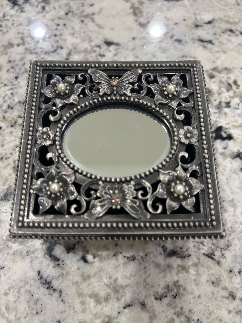 Vintage Looking Ornate Silver Metal Butterfly Floral Trinket, Jewelry Box